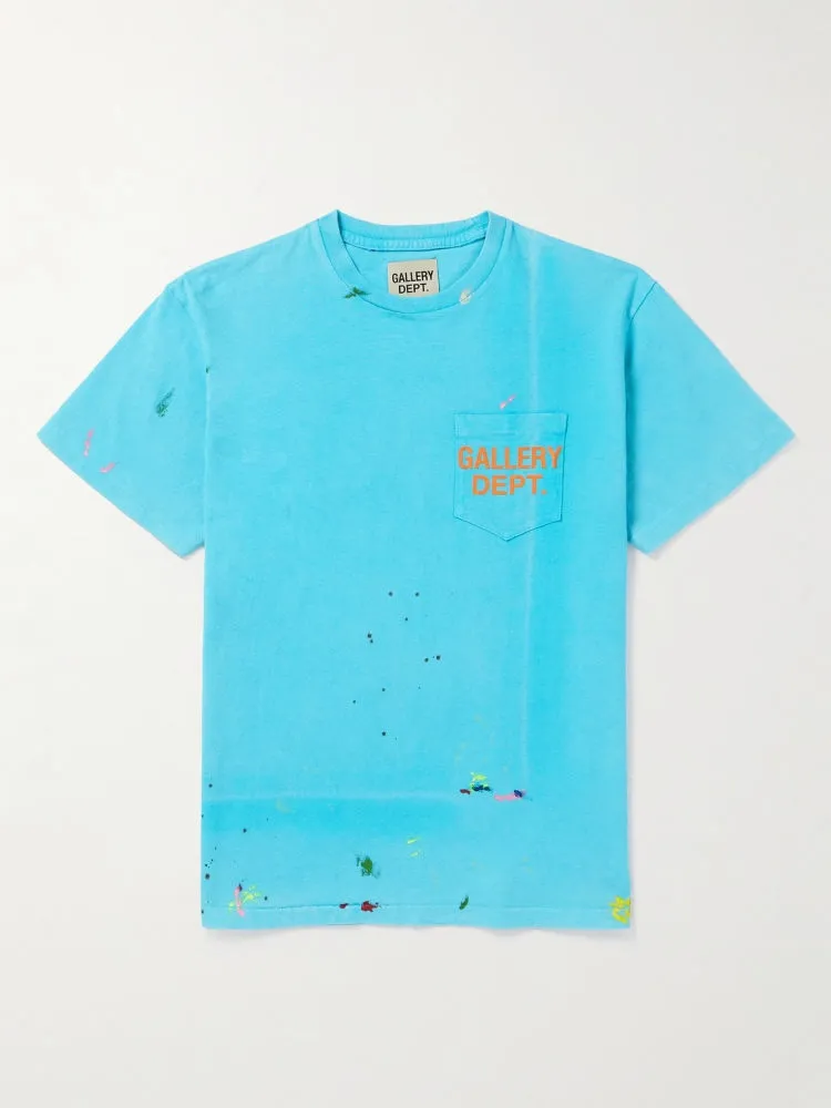 GALLERY DEPT. VINTAGE LOGO PAINTED TEE/Turquoise washed and distressed VINTAGE LOGO retro English pocket short sleeves lake blue S-XL ready-to-wear dyeing, hand-sewn and smeared with horseradish and fried with salt, very heavy industry, manufacturing dark and light fading technology, hand-splashed ink graffiti, genuine acrylic material